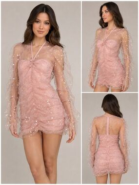 Blush Pink Sequin Mesh Mini Dress with Sheer Long Sleeves